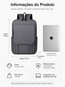 Mochila Multifuncional para Notebook Resistente à Água Grande Capacidade Compartimento Acolchoado Bolsos Laterais Alças Ajustáveis Costas Respiráveis Faixa para Mala Trabalho Estudo Viagens - Preto - Visão 5