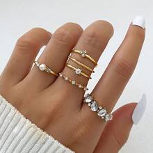 European And American Hot-Selling Rhinestone & Pearl French Luxury Multi-Joint Ring Set, 6pcs/Set, Wholesale - French Luxury Multi-joint Ring Set 6-piece Ring Set - View 1