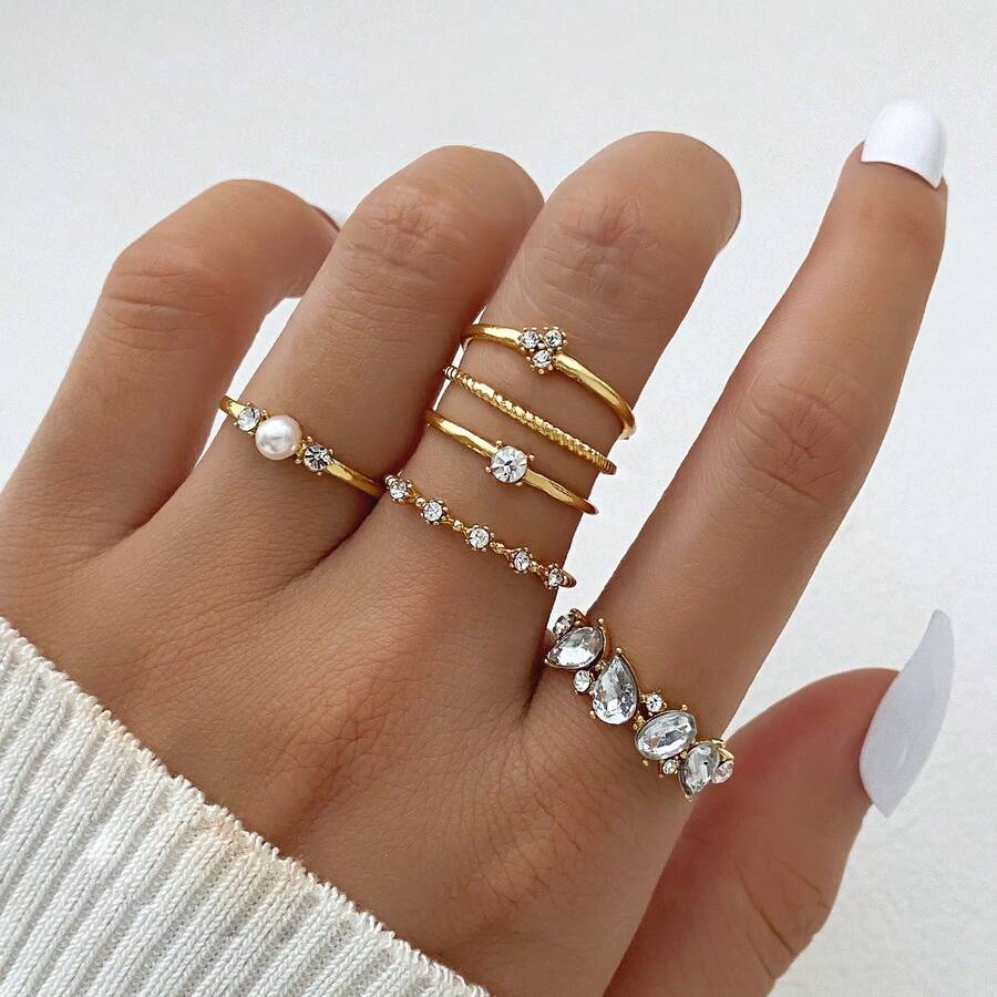 European And American Hot-Selling Rhinestone & Pearl French Luxury Multi-Joint Ring Set, 6pcs/Set, Wholesale - French Luxury Multi-joint Ring Set 6-piece Ring Set - View 1