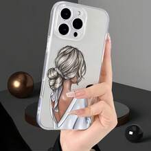 1pc Transparent Coffee Girl Back View Pattern Phone Case Personalized Compatible With IPhone 16 Pro Max/17/16/15/14 Plus/13/12/11/Air And Series - Multicolor - View 4