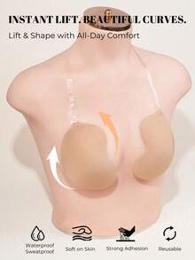 1 Pair Mango Color Push-Up Self-Adhesive Bra, Invisible Strap Design, Front Closure Design, Provides Breast Support, Comfortable And Reusable, Suitable For Swimsuits, Bikinis And Deep V Outfits Includes 1 Pair Of Silicone Flower Nipple Covers - Multicolor - View 4