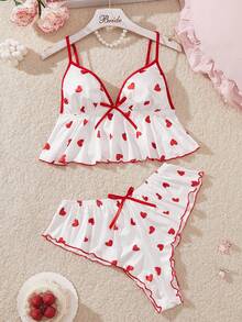 2pcs Women's Backless Cute Sexy Heart Print Ruffle Bow Decor Camisole Top + Shorts Loungewear Soft Pajama Romantic Sleepwear Set - Red and White - View 6