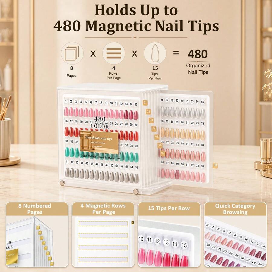 480-Color Magnetic Pull-Out Acrylic Nail Display Box, Detachable Nail Tip Display Board, Color Card Storage Organizer, Reusable Nail Display Rack, Nail Salon Supplies - Gold - View 1