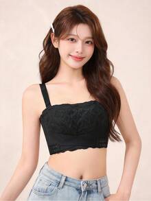 Elisvara Bra Wanita Penutup Depan Tanpa Kawat Renda Nyaman Berbantalan Tanpa Jahitan Anti Selip Push Up Cakupan Penuh Bernapas, Hitam - Hitam - View 1