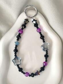 1pc Y2K Star & Flower Beaded Keychain Wrist Lanyard, Iridescent Purple Black Crystal Bead Key Ring, Portable Wrist Strap For Keys Phone Bag Purse, Gift For Teen Girls Daily Matching - Black Star - View 6