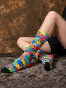 1/3 Pairs Rainbow Color Puzzle Block Pattern Mid-Calf Socks, Men's Mid-Calf Socks, Novelty And Fun, Interesting Christmas Gift - Multicolor - View 3