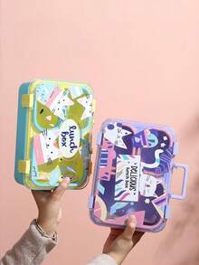 1pc Cartoon Divided Lunch Box/Fruit Bowl/Back To School Essential/PP Material/Thick Bottom/800ml Capacity - Multicolor - View 2