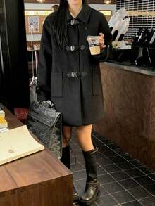 Women's Black Polo Collar Overcoat, Autumn/Winter Elegant Outerwear - Black - View 9