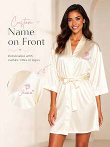 2pcs Customized Personalized Pajama Set Or Robe - Satin Bridal And Bridesmaid Robes, Comfortable Loungewear, Customized Name Wedding Robes, Embroidered Design, Exclusive Bridesmaid Attire, Personalized Satin Robe, Customized Bridal Gown, Lace Trim Robe - Multicolor - View 5