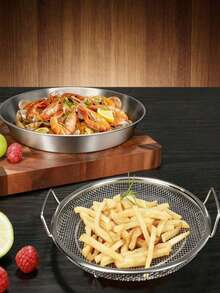 Haus Hana 1pc/2pcs Saringan Minyak Stainless Steel, Keranjang Penyaring Minyak Goreng Jaring Halus dengan Pegangan Ganda, Rak Pengeringan Penyaring Minyak Gaya Bingkai, Keranjang Penyaring Goreng Bulat, Cocok untuk Sayap Ayam - Set dua potong - View 3