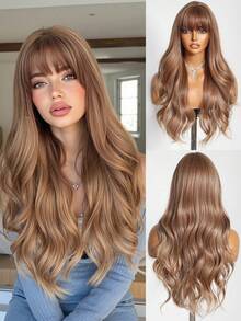 24 Inch Linen Brown Fringe Long Curly Synthetic Heat-Resistant Fiber Wig For Women's Daily Party Birthday Christmas Wear - Multicolor - View 3