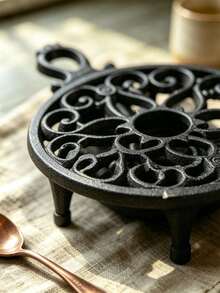 Vintage Cast Iron Teapot Warmer Hollow Scroll Pattern Portable Metal Stove Rack Suitable For Coffee Pots And Small Kitchen Utensils, Desktop Candle Heating Stand, Heat-Resistant Hot Plate Rack Home Kitchen Decor, Suitable For Dining Table Countertop - View 7