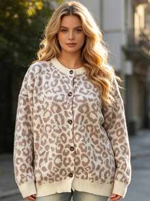 European & American Style Fashion Animal Print Plus Size Women's Autumn/Winter Drop Shoulder Long Sleeve Button-Up Knit Cardigan, Elegant Fall - Multicolor - View 2