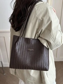 韓式跨境復古休閒通勤大容量女款 2026 新款編織紋理托特肩背包 - 咖啡 - 查看 4