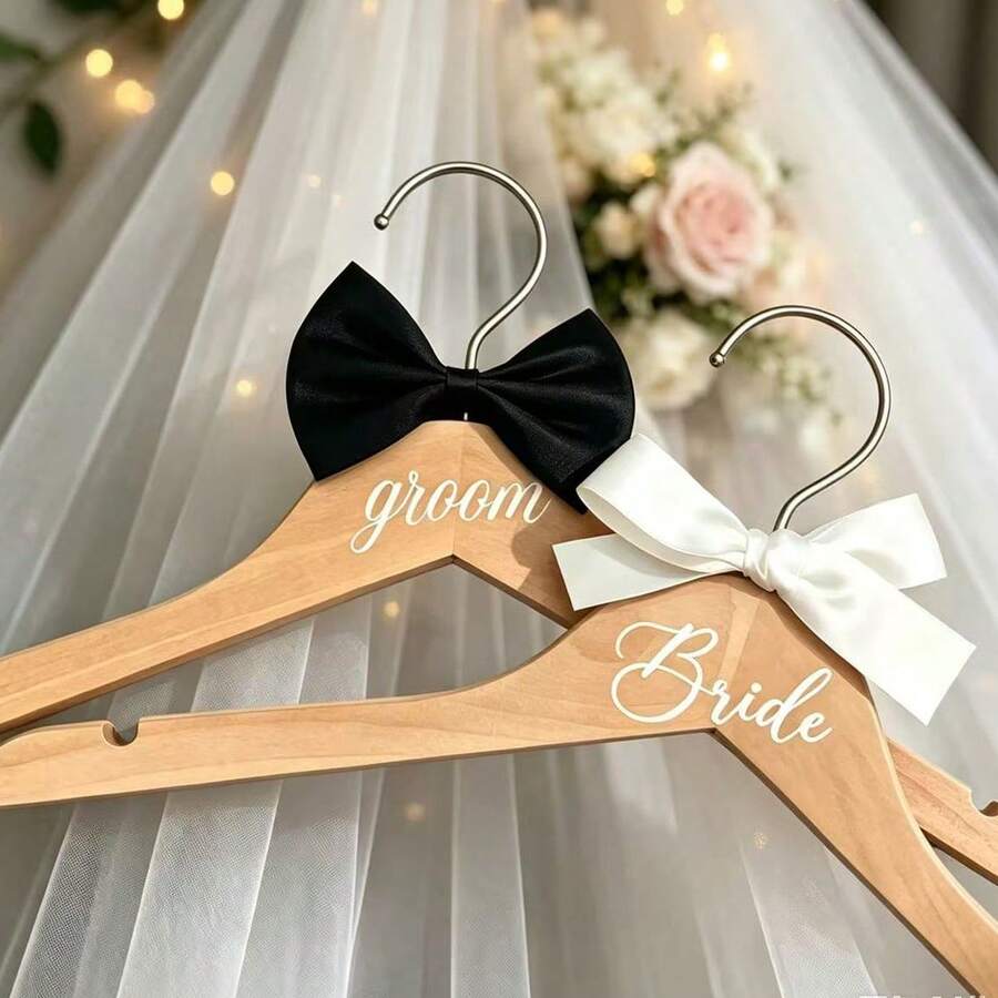 1pc Wedding Hanger, Groom & Bride Outfit Hanging Rack, Silk Ribbon Bow Print Design, Thanksgiving, Wedding Venue, Bridal Room, Wardrobe, Dress Display, Suit Storage, Wedding Decor Hanger - Multicolor - View 1
