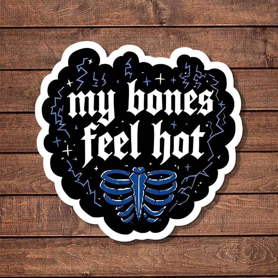 1/2/5pcs My Bones Feel Hot Blue Ribcage Gothic Stickers,Black Thunder Star Dark Aesthetic Waterproof Vinyl Decal, Vintage Skeleton Bone Lettering Sticker For Skateboard Water Bottle Laptop, Edgy Punk Dark Academia Decor Sticker - A - View 1
