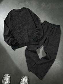 Boys' Fashion Versatile Retro Letter Print Textured Crew Neck Sweatshirt + Textured Wide Leg Pants, 2-Piece Set For Autumn/Winter Daily Wear - Black - View 3