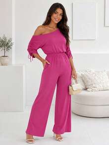 Women's Oblique Neck Drawstring Cuff Elastic Waist Loose Wide Leg Jumpsuit, Casual Elegant Suitable For Daily, Office, Party Wear Summer - Hot Pink - View 6