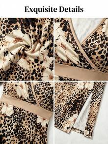 AIJ Women's Elegant Long Knitted Dress With Leopard&Floral Pattern Deep V Neck Long Sleeves Split Hem For Fall Wedding Guest Party Going Out Vacation - Brown - View 4