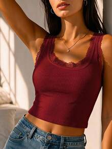 Women's Lace Patchwork Fitted Casual Everyday Top - Burgundy - View 1
