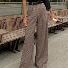 Pantalones largos de otoño Pantalones rectos de cintura alta con estampado de cuadros vintage para mujer, pantalones casuales holgados de pierna rect - Multicolor - Ver 7