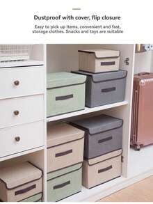 1pc Linen Foldable Storage Bin With Lid, Multi-Functional Organizer Basket For CD Collection, Toys, Clothes, Sundries Storage, Bedroom, Game Room, Closet, Laundry Room Home Space Organization - Beige - View 4