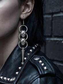 2pcs Gothic Personalized Skull Rivet Round Hoop Earrings, Suitable For Men And Women, Daily Wear, Party, Gathering - Silver - View 6