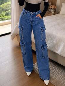 Jeans Cargo con Bolsillos Laterales con Solapa Casual Primavera Otoño - Azul lavado medio - Ver 7