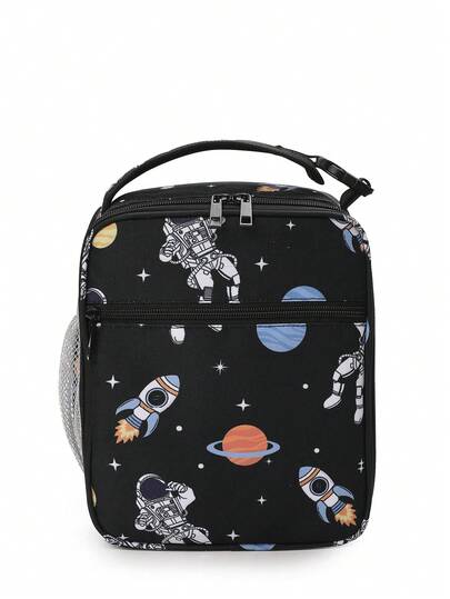 Children's Cute All-Over Print Astronaut Premium Insulated Lunch Bag, Reusable Compact Handbag Lunch Tote, Perfect For Boys And Girls To Carry Lunch To School And Outdoors, Best Choice For Holiday Birthday Gift Casual Handbag