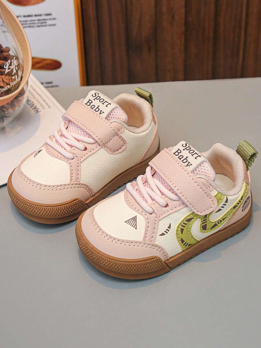 Patchwork Kids' Slip-On Sneakers With Hook-And-Loop, Closed Toe, Anti-Slip Rubber Sole, Casual Walking Shoes For Baby Boys And Girls - Pink - View 1