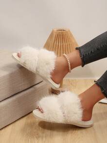 Women's Double Strap Faux Fur Open Toe Slippers, Soft Fluffy Plush House Slides, Lightweight Comfortable Warm Indoor Home Shoes - Beige - View 5