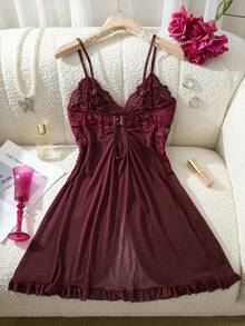 Women's Deep V Lace Halter Neck Mesh Sheer Sexy Nightgown, For Home Use, Suitable For Newlyweds, Valentine's Day Style - Redwood - View 2