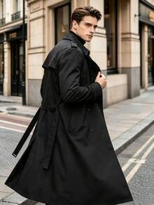 Multi-Color Optional Men's Extra-Long Trench Coat, Classic Double-Breasted Lapel Trench Coat, British Style Slim And Thin Autumn Winter Fashion Coat - Black - View 4