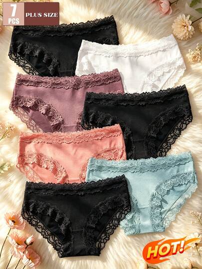 7pcs Plus Size Solid Color Cotton Lace Patchwork Ribbed Sexy Romantic Comfortable Low Waist Women's Panties, Suitable For Valentine's Day, Holiday 0XL-4XL