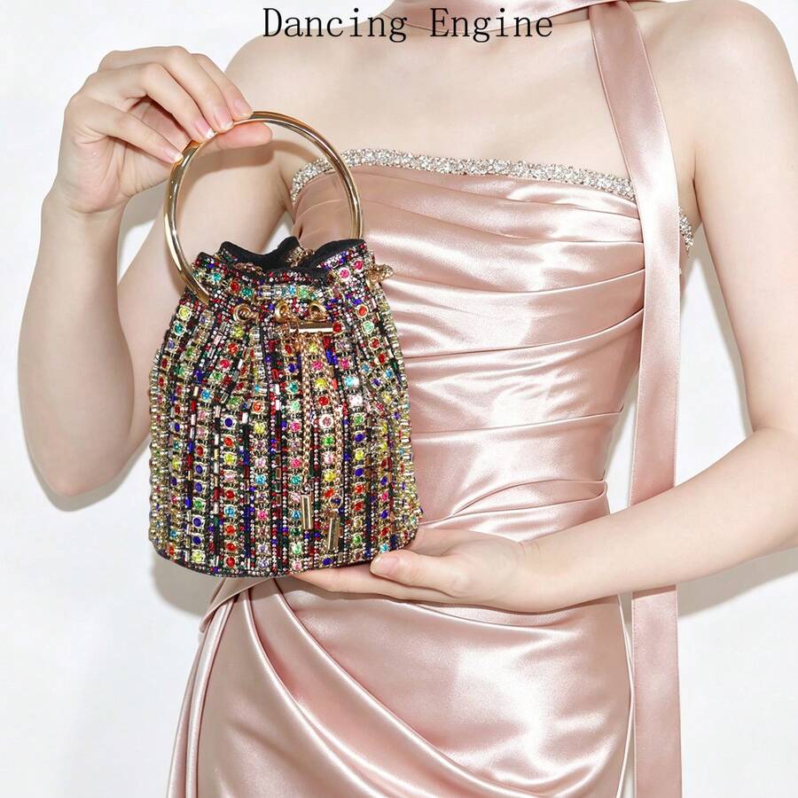 Dancing Engine 奢華設計師款鏈條單肩包 亮面水鑽水桶包 斜跨包 手提包