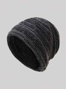 1pc Folded Mixed Knit Ribbed Beanie Hat, Simple Solid Color Loose Fit Oversized Warm Ear-Protective Knit Cap For Men And Women, Autumn/Winter - B - View 24