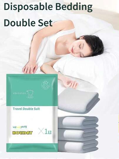 Disposable Bedding Set For Double Bed, Includes Duvet Cover, Fitted Sheet And Pillowcase, Suitable For Travel, Business Trip, Hotel, Hospital