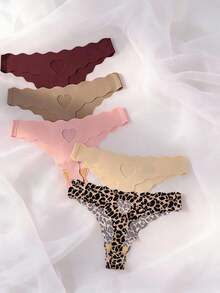Mystèrelle 5pcs/Pack Multi-Color Women's Adhesive Thong Panties, Hollow Heart Design, Comfortable Breathable Sexy One-Piece Thong - Multicolor - View 4