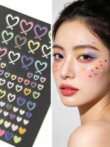 Macaron Colorful Hollow Heart Face Sticker Set With Tweezers, Sweet & Cool Y2K Style Eye Makeup Stickers, Music Festival Stage Makeup Face & Collarbone Self-Adhesive Stickers - Multicolor - View 3