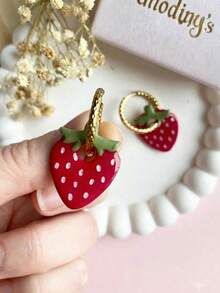 1 Pair Cute Strawberry Design Rhinestone Pendant Earrings, Minimalist Versatile Daily Wear Women's Style, Gift - Multicolor - View 2