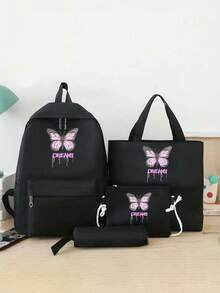 Set de 4 piezas - Set de mochila con estampado de mariposa púrpura, incluye mochila, bolso tote, bolsa de almacenamiento, estuche para lápices, set de bolsas de nylon de gran capacidad para uso diario y viajes cortos, mochila casual con múltiples bolsillos, adecuado para estudiantes, recién graduados, jóvenes, aplicable para regreso a la escuela, desplazamientos diarios, compras, viajes cortos y viajes de ocio al aire libre - Negro - Ver 7