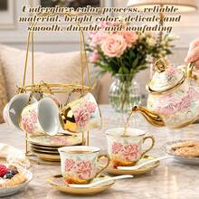 20-Piece European Porcelain Tea Set With Metal Stand & Pink Flower Painting - Elegant Tea Service For Adults, Ideal Gift For Spring Outing, Easter Party & Home Decor (Large) - Pink Gold - View 7