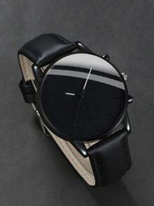 2pcs Minimalist Men's Quartz Watch And Her King Engraved Chain Bracelet Set, Pure Black Dial Leather Strap Watch, Men's Daily Decorative Jewelry - Multicolor - View 3