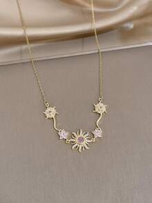 1pc 18K Gold Plated Pink Zirconia Flower Gold Necklace, Necklace And Pendant, Women's Necklace, Gold Plated Jewelry, Rose Gold Chain, Perfect For Daily Wear, Dating, Party, Vacation Season, Graduation Season, Birthday Gift, Summer Accessory, Women's Beach Accessory, Easter, Gift For Girlfriend, Bohemian Style Jewelry - Multicolor - View 11