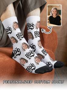1 Pair Customized Face Photo Women's Halloween Stockings, Halloween Costume, Birthday, Valentine's Day Gift, Halloween Prank Prop, Colorful Cartoon Print, Combines Personalized And Fun, Suitable For Daily Wear, Home, Commute - Multicolor - View 3