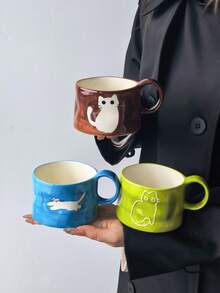 1pc Cute Cat Print Ceramic Coffee Mug, Ins Minimalist Retro Mug, Hand-Painted Asymmetrical Wavy Texture Design, Afternoon Tea Cup, Breakfast Milk Cup, Microwave , Dishwasher , Birthday Gift, Souvenir Gift - Multicolor - View 4