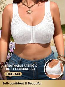 MEIYATING 1pc Plus Size Women's Front Closure Wireless Sports Bra, Supportive Push-Up Back-Flattering Leopard Print Bra, Breathable Comfortable Everyday Wear - White - View 3