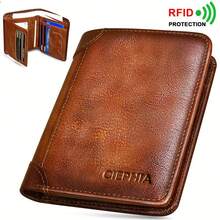 Cartera de cuero, regalos de Día del Padre para hombres, carteras de cuero auténtico trifold con bloqueo RFID para hombres - soporte de tarjetas de crédito multifunción corto vintage de piel - Café integral - Ver 2