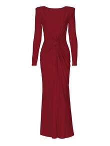 Gaun Maxi Lengan Panjang Berkerut Musim Gugur/Dingin, Rok Lebar Merah Muda Elegan dan Seksi - Merah - View 5