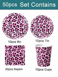 50 piezas Suministros para fiesta con estampado de leopardo Tema de guepardo Decoración de cumpleaños Vajilla desechable - Incluye platos de papel, servilletas, vasos de papel, Adecuado para fiesta de cumpleaños con tema de estampado de leopardo rosa para niñas - Multicolor - Ver 13